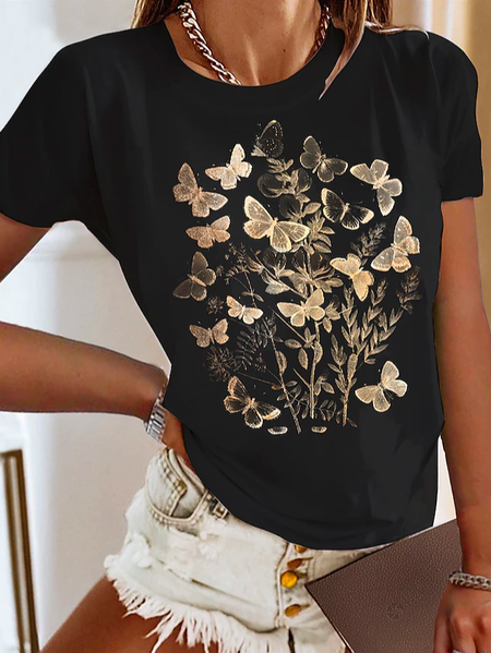 

Casual Crew Neck Loose Butterfly T-Shirt, Black, T-Shirts