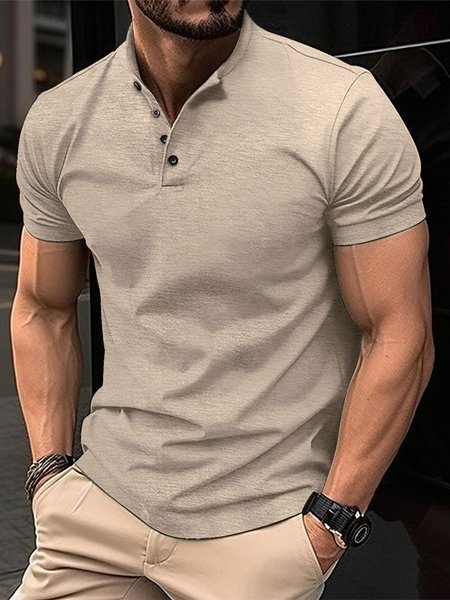

Men's Urban Casual Solid Color Stretch Half Open Collar Button Short Sleeve T-Shirt, Khaki, T-Shirts