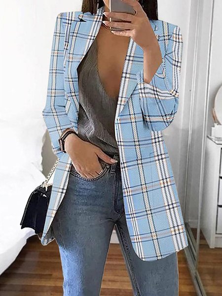 

Shawl Collar Casual Plaid Polyester Cotton Blazer, Light blue, Coats