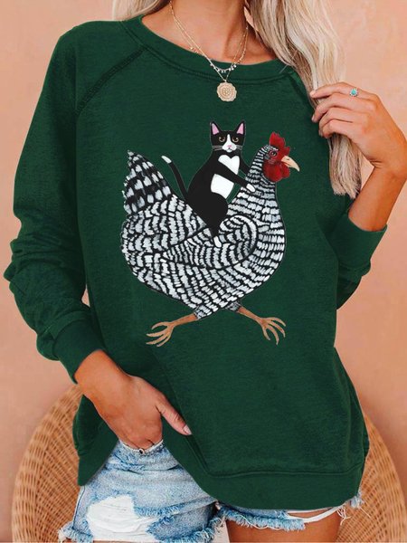 

Women's Funny Tuxedo Cat on a Chicken Casual Letters Sweatshirt, Green, Hoodies&Sweatshirts