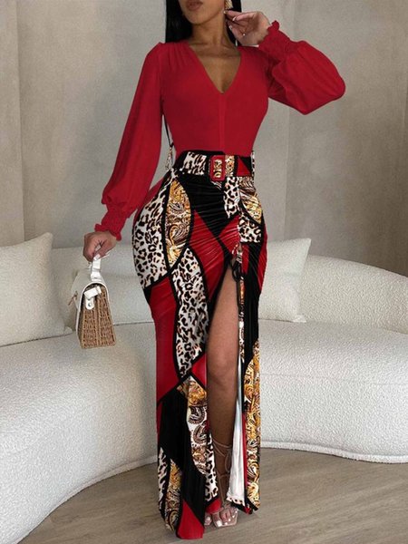 

Elegant Abstract Graphic Regular Fit Dress With Belt, Red, Maxi Dresses