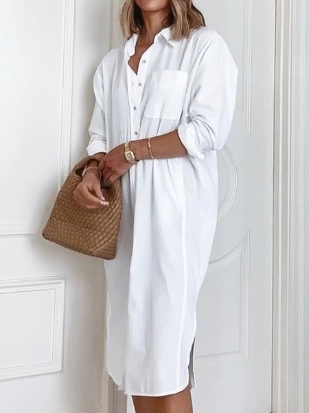 

Casual Buttoned Shawl Collar Plain Dress, White, Dresses