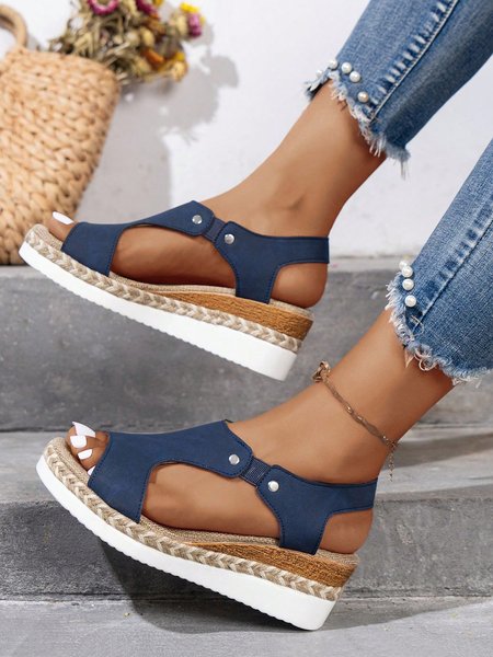 

Vacation Cut-out Slip On Wedge Heel Espadrille Sandals, Navyblue, Sandals