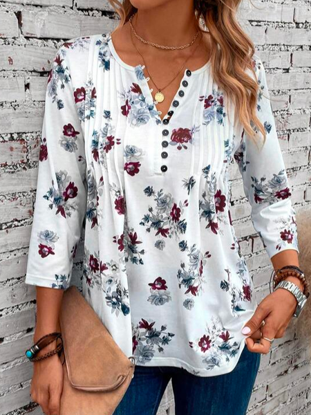 

Buttoned Elegant Floral Loose Floral Print Notched Neck Shirt, White, Shirts & Blouses