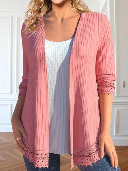 

Loose Plain Lace Casual Kimono, Pink, Cardigans