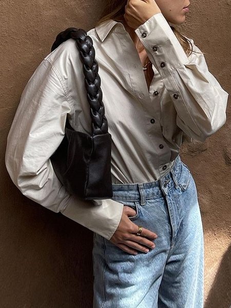 

Shirt Collar Urban Plain Blouse, Gray, Blouses and Shirts