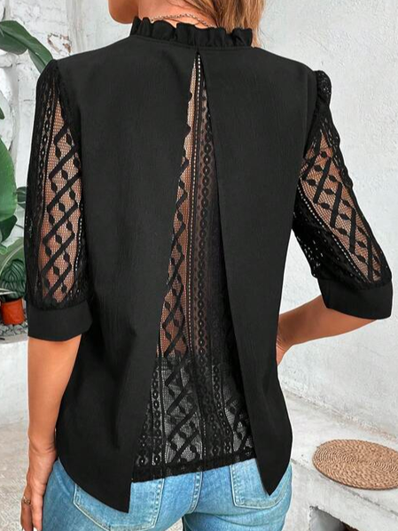 

V Neck Lace Plain Elegant Contrast Lace Frill Neck Blouse, Black, Shirts & Blouses
