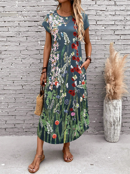 

Casual Loose Floral Crew Neck Dress, Green, Dresses