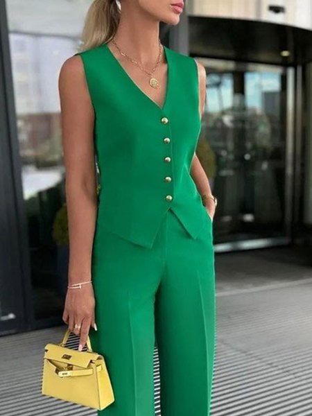 

Regular Fit Plain V Neck Urban Vest, Green, Vests and Gilets