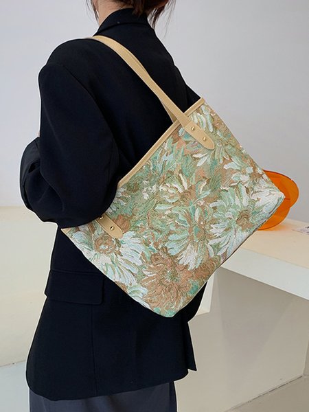 

Art Flower Oil Painting Cloth Large Capacity Tote Bag, Khaki, Women's Bags