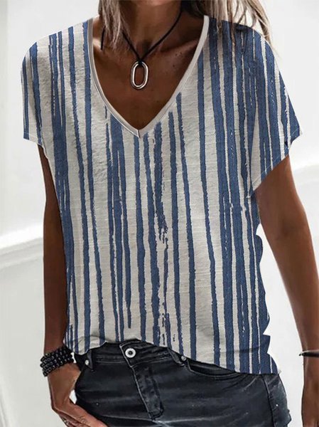 

Color Block Casual V Neck T-Shirt, Blue, T-Shirts