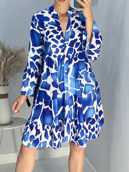

Loose Stand Collar Abstract Mini Dress With No Belt, Blue, Mini Dresses