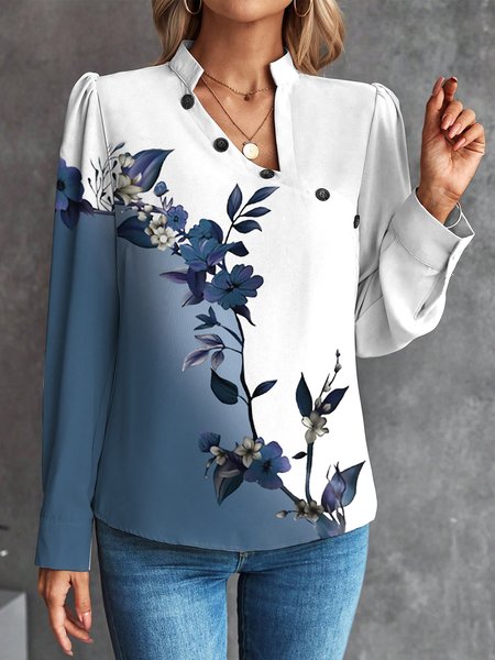 

Floral Casual Asymmetrical Loose Shirt, Blue, Shirts & Blouses