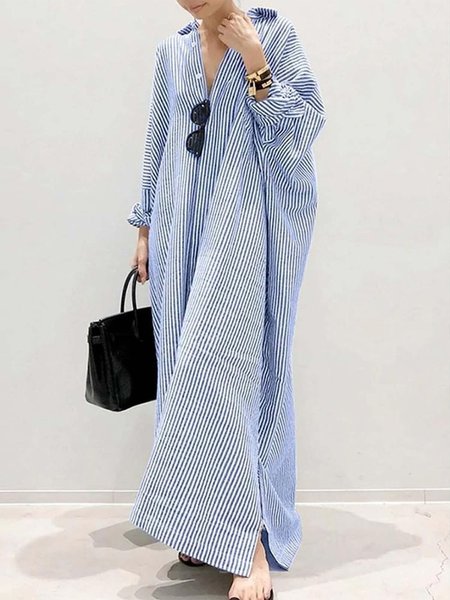 

Urban Striped Loose Shirt Dress With No Belt, Blue, Maxi Dresses