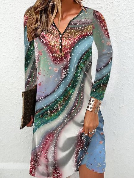 

V Neck Gradient Pattern Casual Dress, Cyan, Dresses