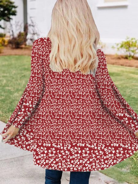 

Casual Floral Loose V Neck Kimono, Red, Cardigans