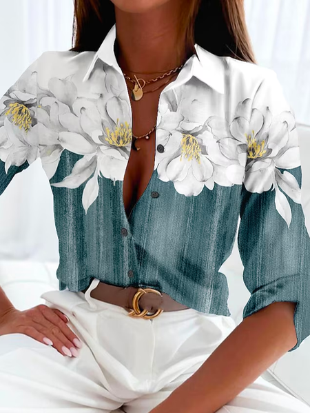 

Casual Shirt Collar Loose Floral Blouse, Blue, Shirts & Blouses