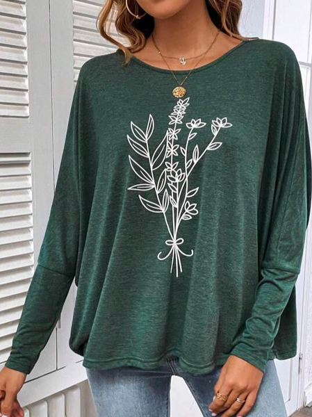 

Loose Crew Neck Casual Floral Floral Print Batwing Sleeve T-Shirt, Green, T-Shirts