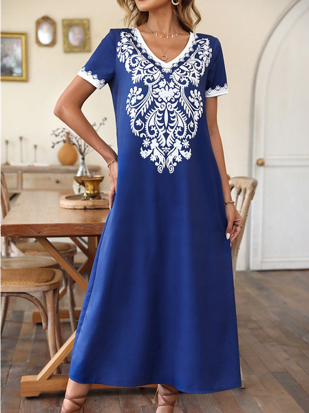 

Loose V Neck Casual Ethnic Dress, Blue, Dresses