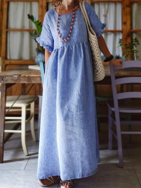 

Casual Ruffled Sleeves Cotton Ruched Dress, Blue, Dresses