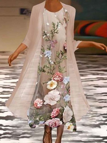 

Casual Floral Crew Neck Regular Fit Two-Piece Set, Nude, Suit Set