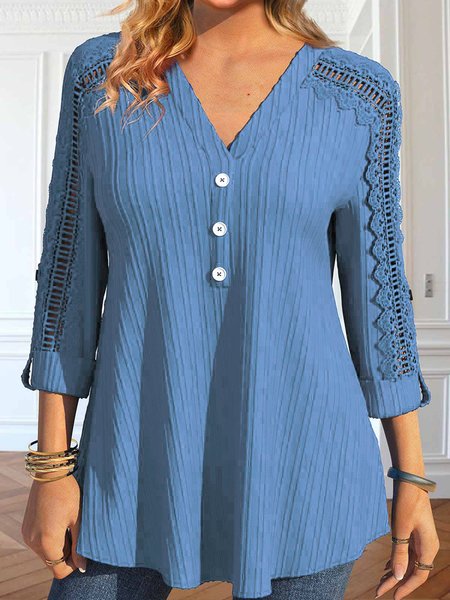 

Lace Edge V Neck Loose Casual Shirt, Blue, Shirts & Blouses
