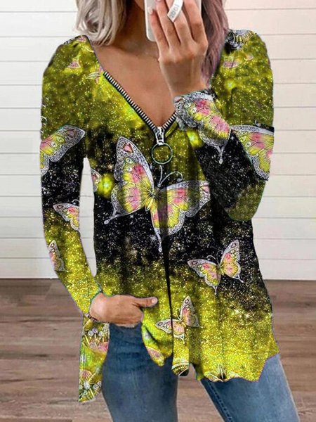 

V Neck Art Regular Sleeve Floral Loose T-Shirt, Color15, Long sleeves