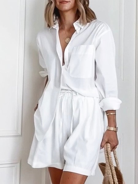 

Buttoned Plain Casual Shawl Collar Two-Piece Set, White, Suit Set