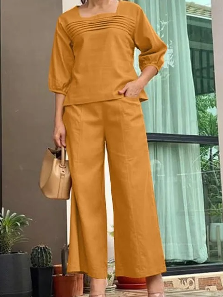 

Loose Casual Square Neck Plain Two-Piece Set, Caramel, Suit Set