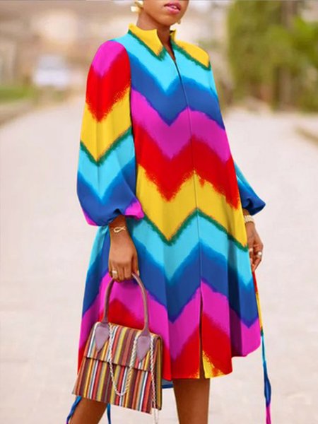 

Striped Loose Urban Stand Collar Dress, Multicolor, Midi Dresses