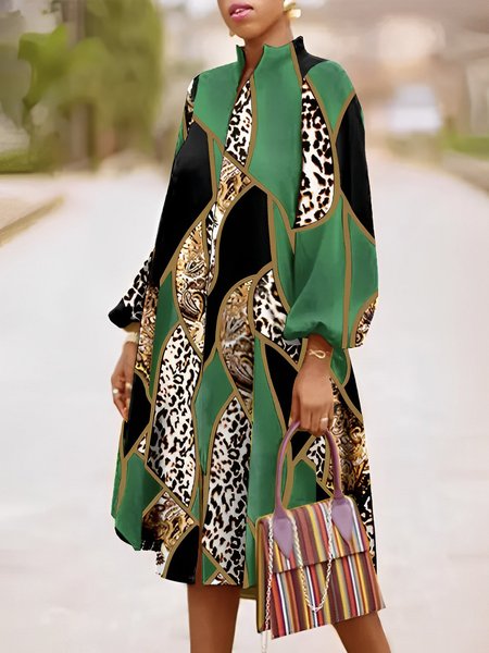 

Long sleeve Loose Geometric Stand Collar Urban Dress, Green, Midi Dresses