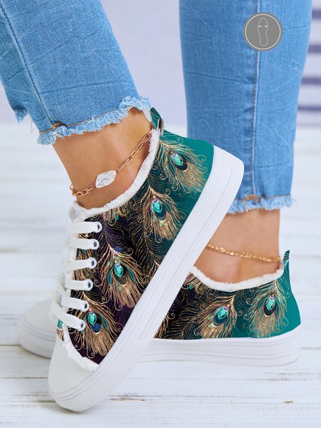 

Casual Peacock Feather Print Raw Hem Lace-Up Canvas Shoes, As picture, Sneakers