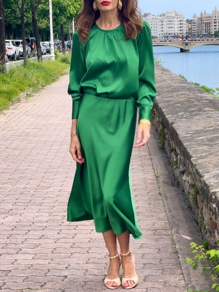 

Elegant Crew Neck Satin Long Sleeve Dress, Green, Midi Dresses