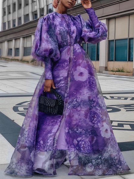 

Elegant Regular Fit Crew Neck Dress, Purple, Maxi Dresses