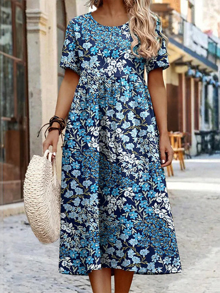 

Casual Floral Crew Neck Dress, Dark blue, Dresses