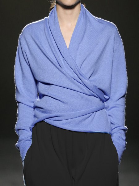 

V Neck Plain Urban Sweater, Blue, Pullovers