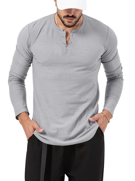 

Men's Solid Color Semi-Open Collar Long Sleeve T-Shirt Daily Commuting Sports Fitness, Light gray, T-Shirts