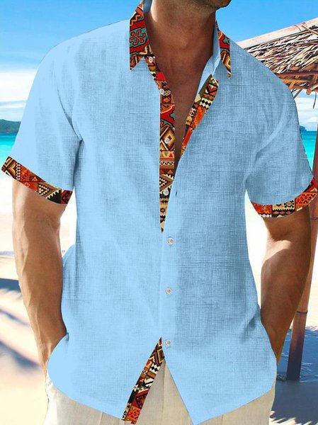 

Men's Vacation Ethnic Patterned Cuffs Short Sleeve Shirts, Sky blue, Shirts ＆ Blouse