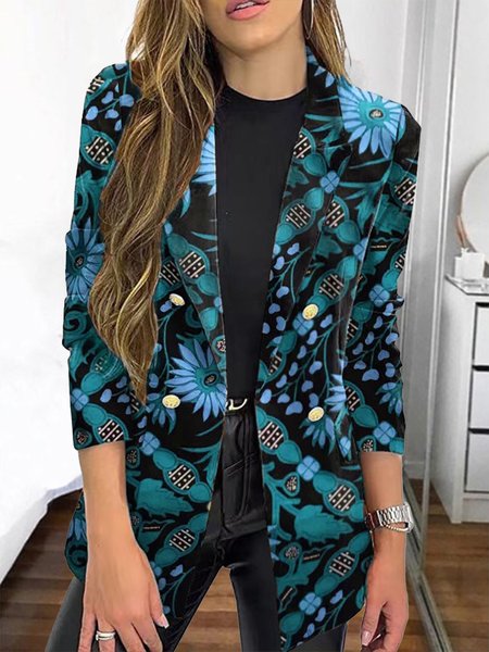 

Loose Floral Shawl Collar Casual Blazer, Sky blue, Blazers