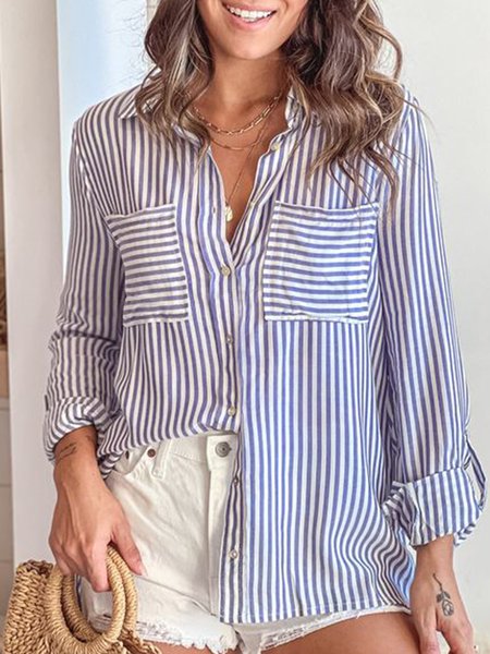 

Cotton Casual Shawl Collar Buttoned Blouse, Blue, Shirts & Blouses