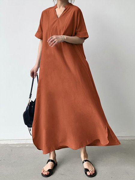 

Loose Casual V Neck Plain Dress, Caramel, Maxi Dresses