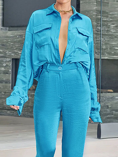 

Plain Loose Shirt Collar Long sleeve Satin Urban Blouse, Blue, Blouses and Shirts