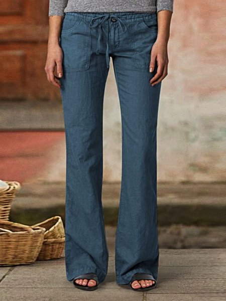 

Loose Buttoned Casual Plain Drawstring Waist Pocket Detail Bootcut Pants, Blue, Pants