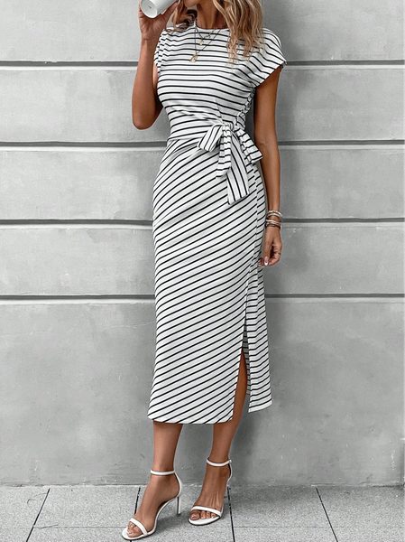Crew Neck Striped Casual Dress, White, Dresses