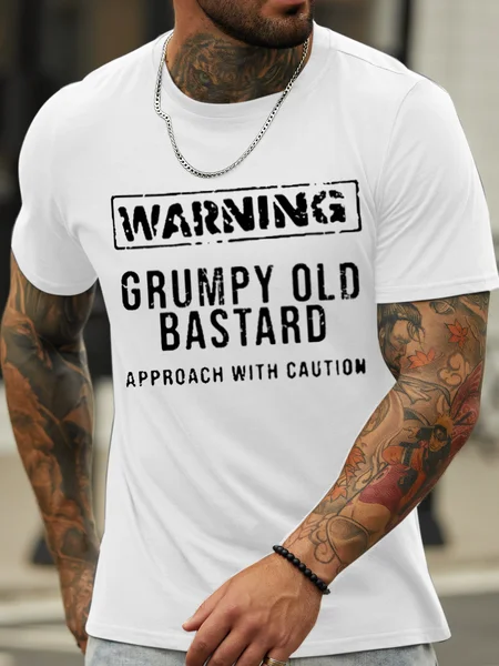 

Men's Warning Grumpy Old Bastard Approach With Caution Cotton Casual Text Letters Crew Neck T-Shirt, White, T-shirts