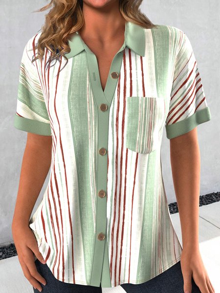 

Casual Loose Shirt Collar Striped Blouse, Green, Shirts & Blouses