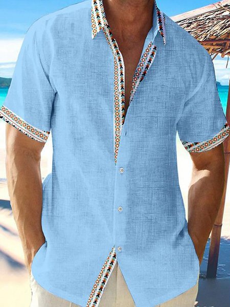 

Men's Vacation Casual Ethnic Pattern Patchwork Short Sleeve Shirt, Sky blue, Shirts ＆ Blouse