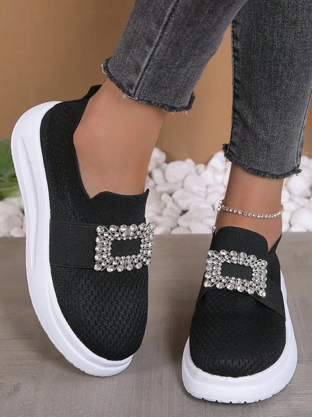

Rhinestone Decor Breathable Slip On Flyknit Sneakers, Black, Sneakers