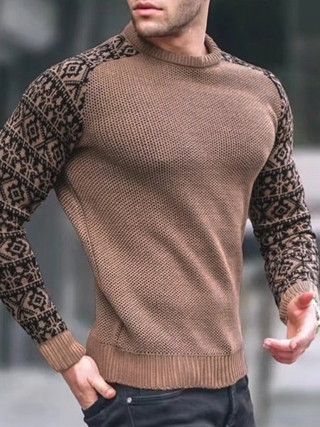 

Men's Vacation Casual Ethnic Pattern Stitching Long Sleeve T-Shirt High Elasticity, Deep khaki, T-Shirts
