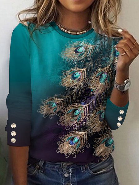 

Feather Pattern Loose Crew Neck Casual T-Shirt, Green, Long sleeves